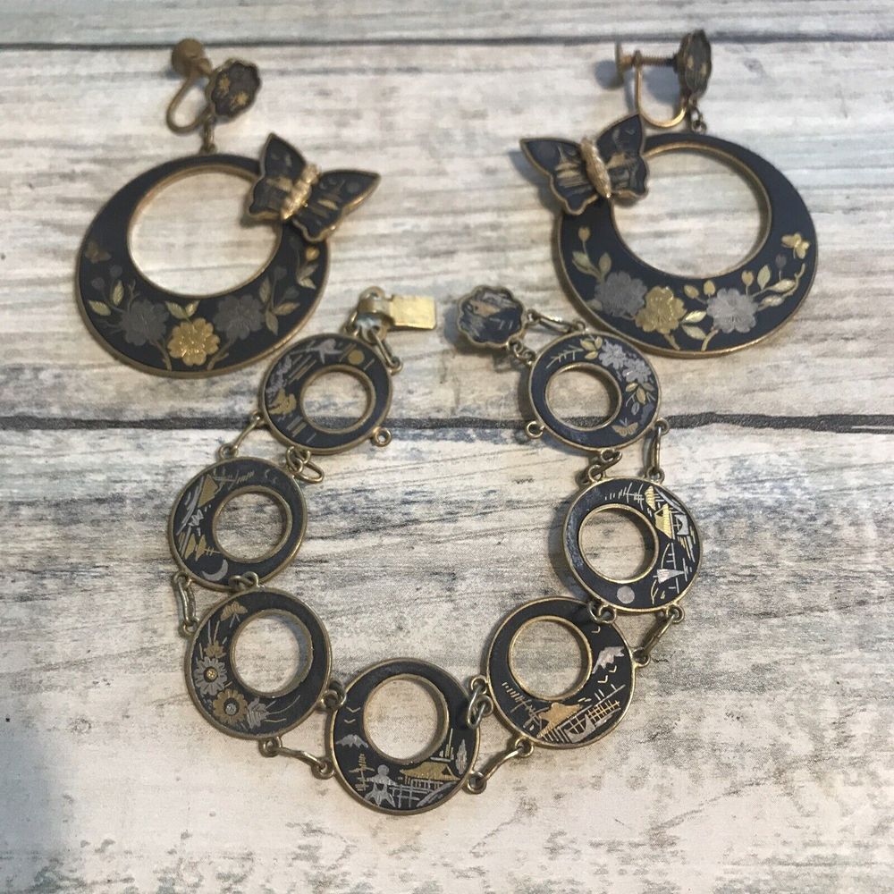 Japanese Damascene Kyoto Inlay‎ Bracelet Earrings Set 24k gold sterling silver